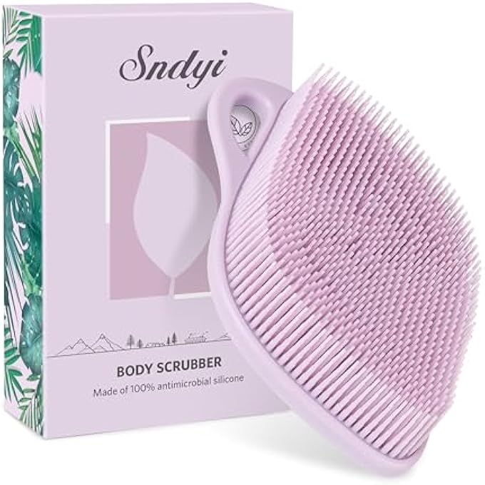 Sndyi Silicone Body Scrubber, Gentle Exfoliating Body Scrubber for Sensitive Skin, Leaf Shaped Shower Scrubber for Body with Lathering Bristles, Silicone Loofah Body Brush for Showering, Purple - Image 1